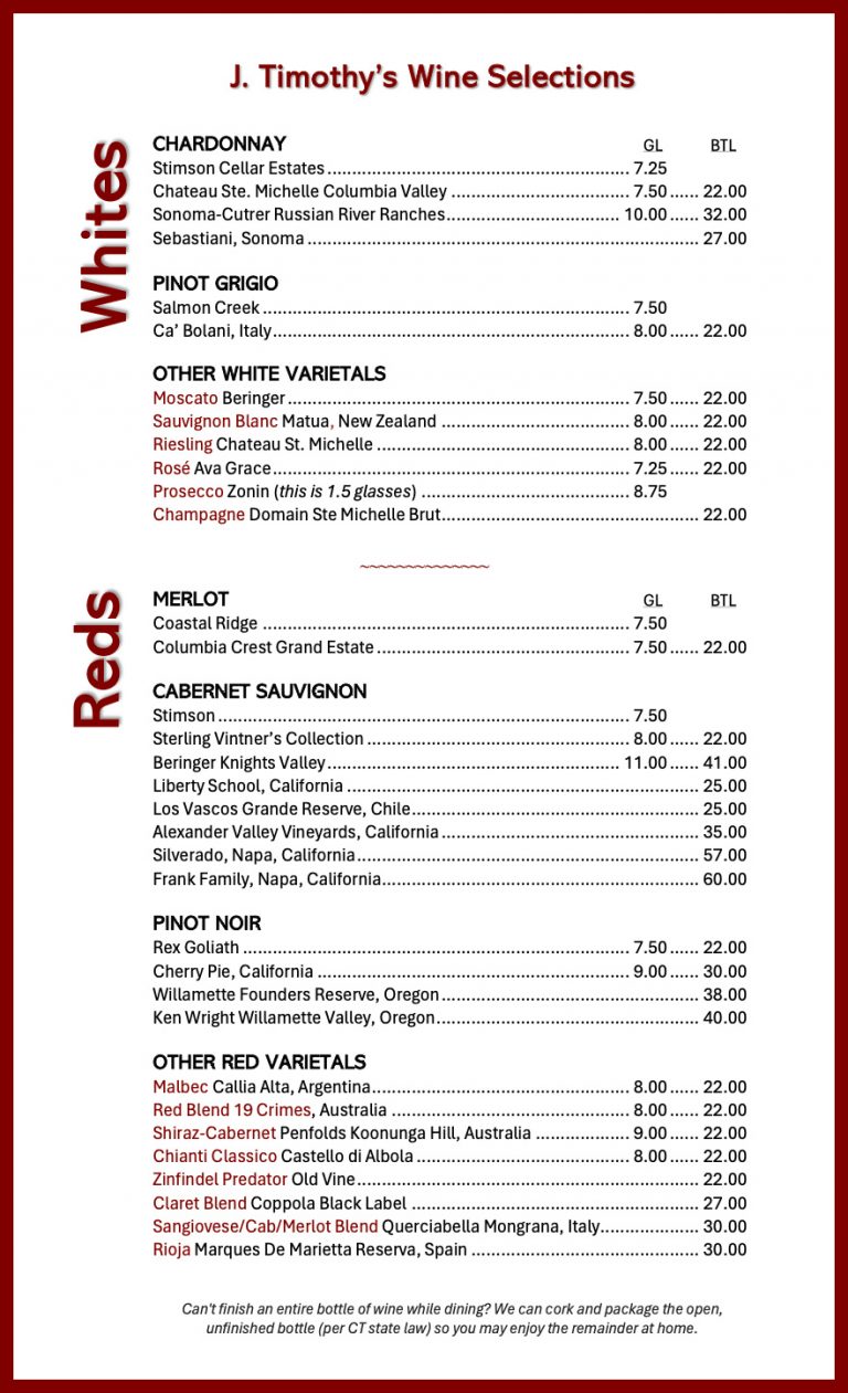 Wine List | J. Timothy's Taverne | Plainville, CT